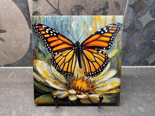 Monarch Butterfly on Yellow Flower Ceramic Tile Trivet/Coaster – 6x6 Handmade Floral Kitchen Decor, Garden Lover Gift, Made in USA