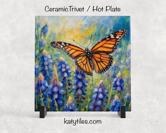 Monarch Butterfly on Bluebonnets Ceramic Tile Trivet/Coaster – 6x6 Handmade Floral Kitchen Decor, Garden Lover Gift, Made in USA