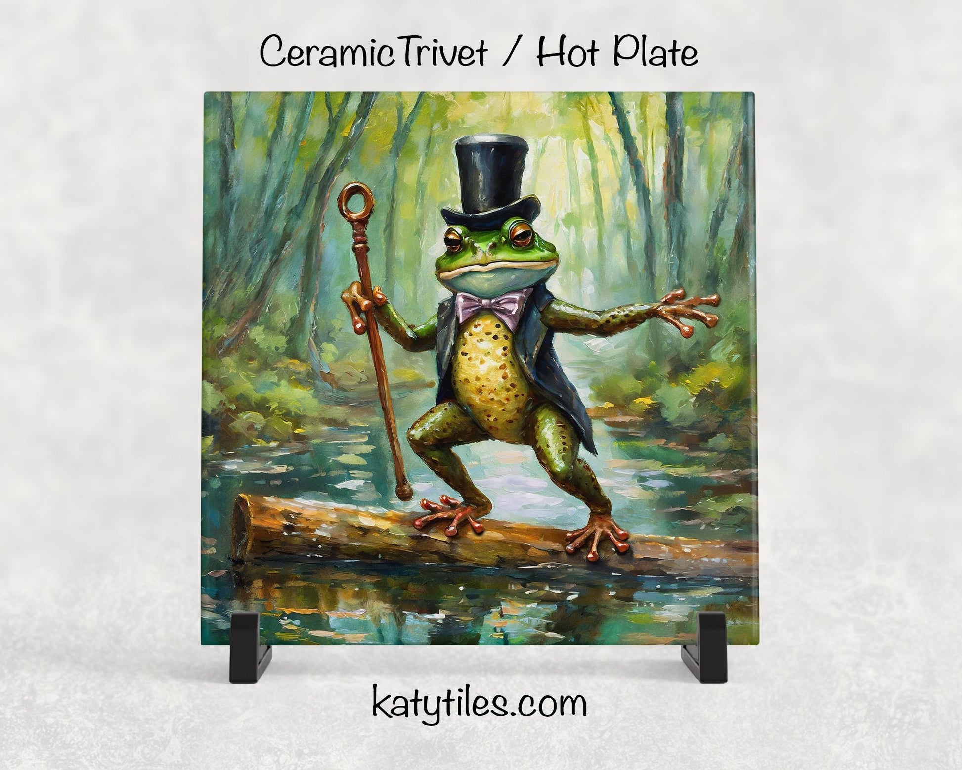 The Fantastic Mr. Frog Ceramic Tile Trivet/Coaster – 6x6 Handmade Whimsical Kitchen Decor, Dancing Green Frog in Swamp, Made in USA