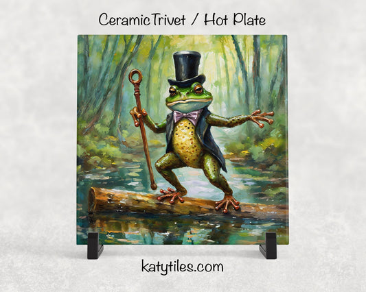 The Fantastic Mr. Frog Ceramic Tile Trivet/Coaster – 6x6 Handmade Whimsical Kitchen Decor, Dancing Green Frog in Swamp, Made in USA