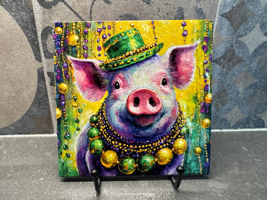 Mardi Gras Pig Ceramic Tile Trivet/Coaster – 6x6 Handmade Carnival Kitchen Decor, Festive Farmhouse Gift, Made in USA