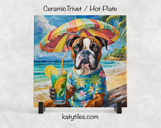 Boxer on the Beach Drinking a Tropical Drink Ceramic Tile Trivet/Coaster – 6x6 Handmade Coastal Dog Decor, Gift for Dog Lovers, Made in USA