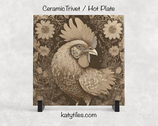 Antique Farmhouse Chicken Ceramic Tile Trivet/Coaster – 6x6 Handmade Rustic Kitchen Decor, Vintage Country Gift, Made in USA