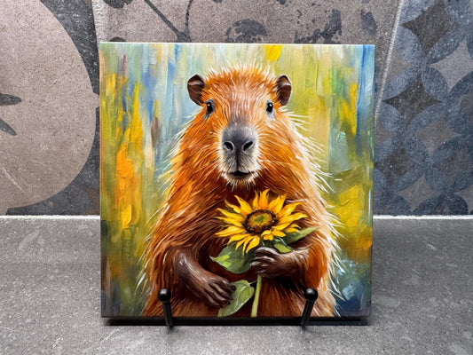 Capybara with Sunflower Ceramic Tile Trivet/Coaster – 6x6 Handmade Wildlife Kitchen Decor, Cute Animal Gift, Made in USA