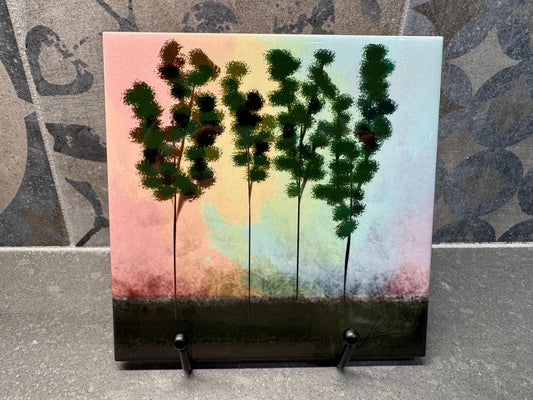 Abstract Trees at Sunset Ceramic Tile Trivet/Coaster – 6x6 Handmade Modern Landscape Decor, Made in USA