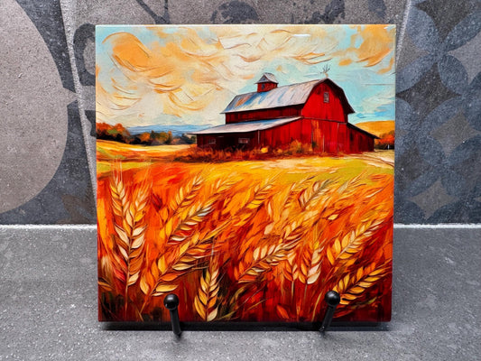 Red Farmhouse Barn in Wheat Field Ceramic Tile Trivet/Coaster – 6x6 Handmade Rustic Kitchen Decor, Country Gift, Made in USA