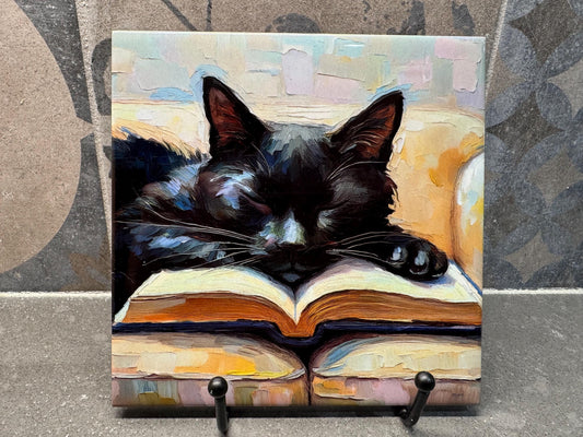 Black Cat Sleeping on Book Ceramic Tile Trivet/Coaster – 6x6 Handmade Cozy Library Decor, Gift for Cat Lovers, Made in USA
