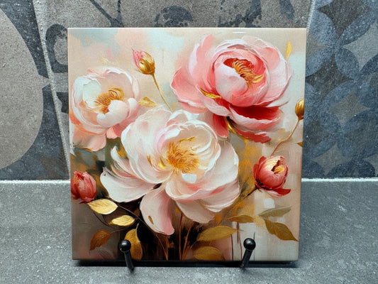 Soft Pink & White Roses with Gold Leaf Ceramic Tile Trivet/Coaster – 6x6 Handmade Floral Kitchen Decor, Elegant Botanical Gift, Made in USA