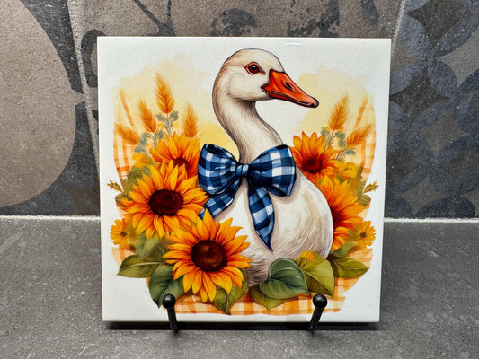 White Goose with Sunflowers Ceramic Tile Trivet/Coaster –6x6 Handmade Farmhouse Kitchen Decor, ’90s Country Blue Goose Inspired, Made in USA