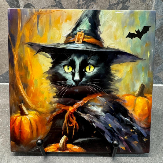 6 Designs! Witch Cats Halloween Ceramic Tile Trivet/Coaster – 6x6 Handmade Fall Kitchen Decor - Black, Calico, White, Tabby, Tuxedo Cat
