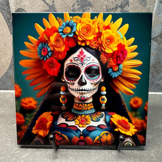 Day of the Dead La Catrina Ceramic Tile Trivet/Coaster – 6x6 Handmade Día de los Muertos Kitchen Decor, Made in USA