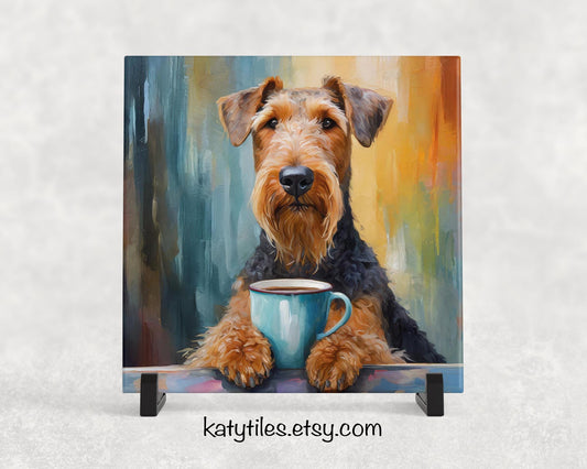 Airedale Terrier Drinking Coffee Ceramic Tile Trivet For Hot Dishes/Coaster – 6x6 Handmade Kitchen Decor, Gift for Dog Lovers, Made in USA