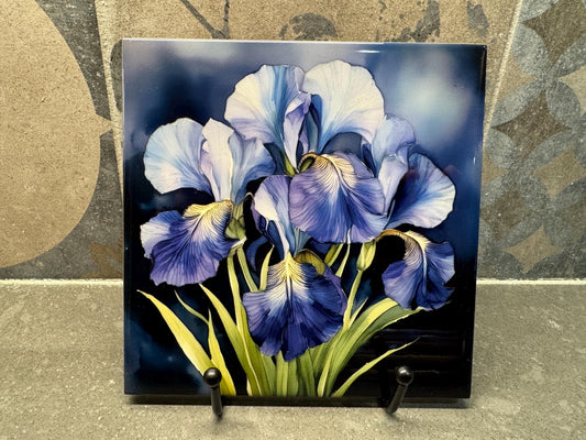 Iris Flowers Ceramic Tile Trivet/Coaster – 6x6 Handmade Floral Kitchen Decor, Elegant Botanical Gift, Made in USA