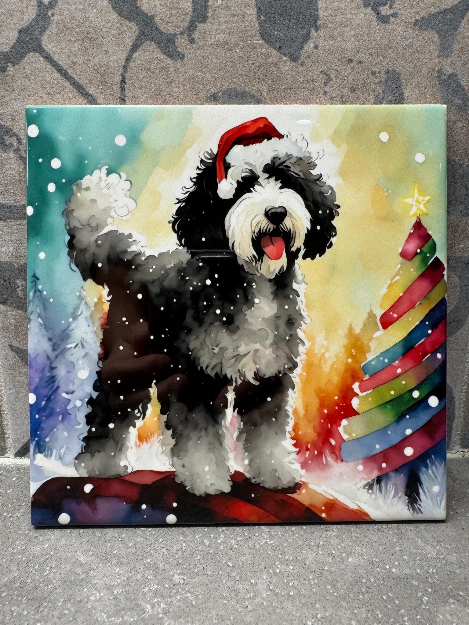 Christmas Sheepadoodle in Santa Hat Ceramic Tile Trivet/Coaster – 6x6 Handmade Holiday Dog Decor, Doodle Lover Gift, Made in USA