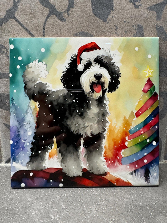 Christmas Sheepadoodle in Santa Hat Ceramic Tile Trivet/Coaster – 6x6 Handmade Holiday Dog Decor, Doodle Lover Gift, Made in USA