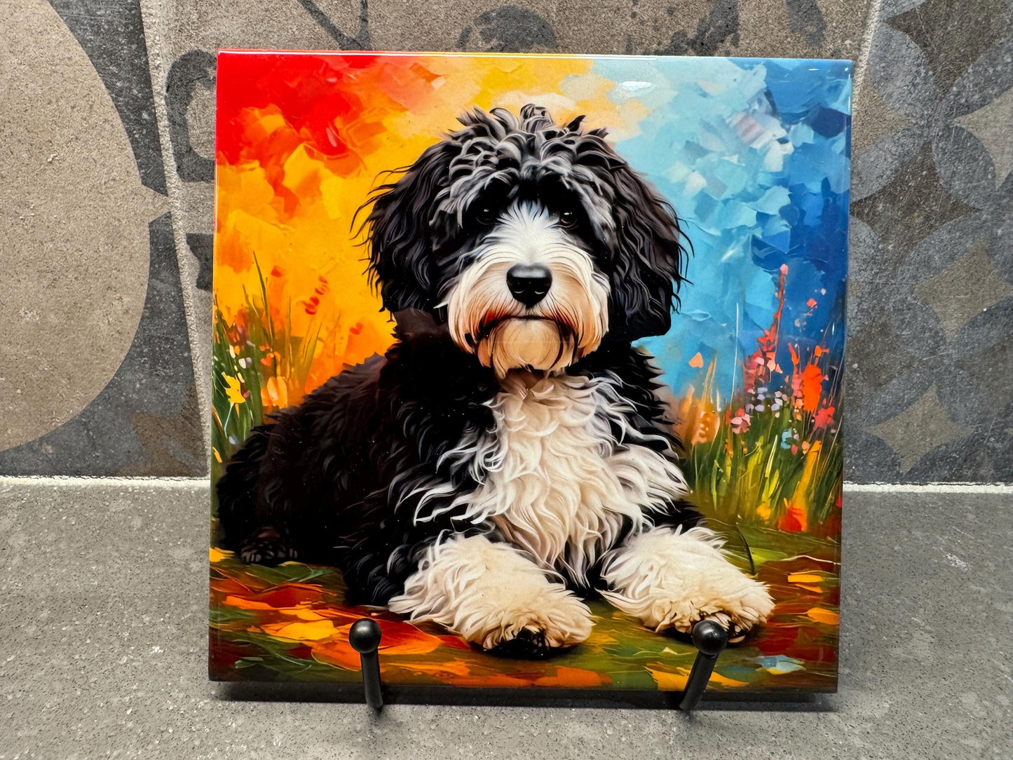 Sheepadoodle, Aussiedoodle or Bernadoodle with Colorful Background Ceramic Tile Trivet/Coaster – 6x6 Handmade Dog Lover Art, Kitchen Decor