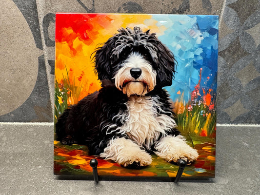 Sheepadoodle, Aussiedoodle or Bernadoodle with Colorful Background Ceramic Tile Trivet/Coaster – 6x6 Handmade Dog Lover Art, Kitchen Decor