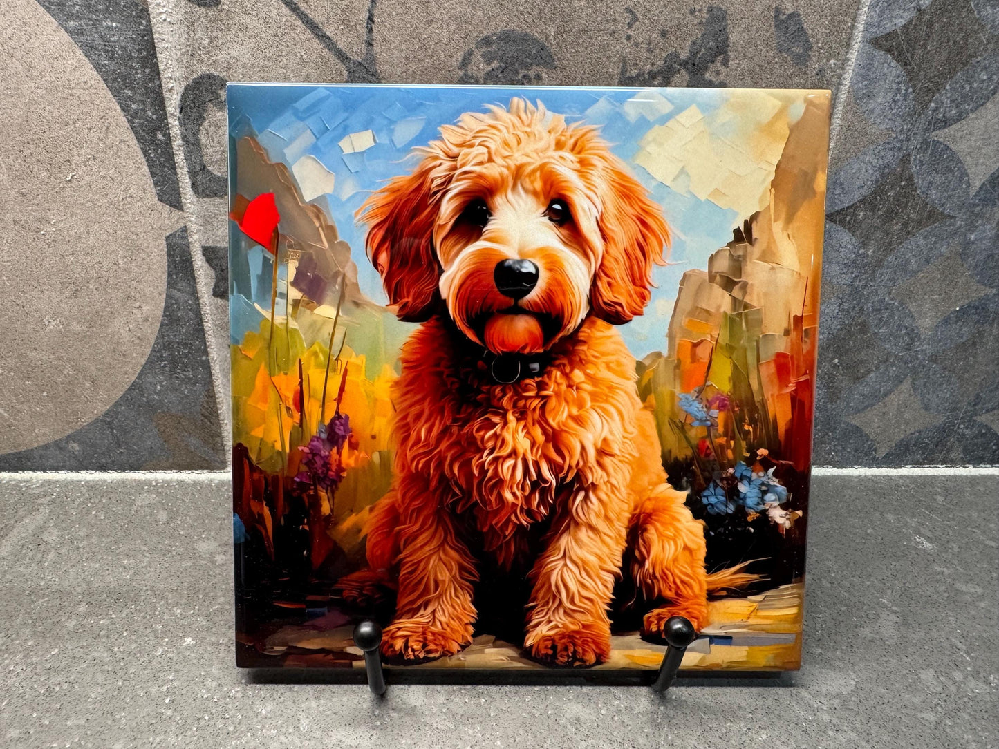 Goldendoodle Labradoodle with Colorful Background Ceramic Tile Trivet/Coaster – 6x6 Handmade Dog Lover Art, Kitchen Decor
