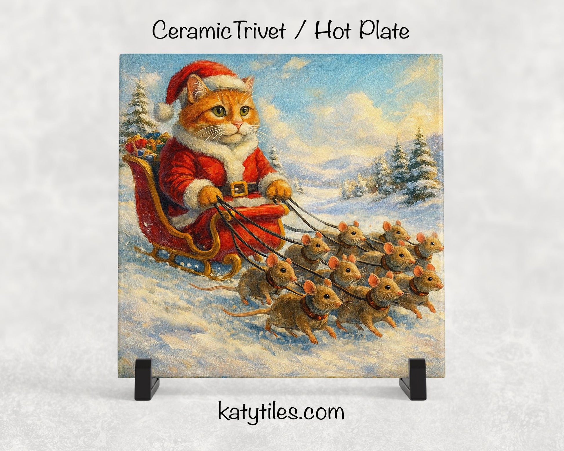 Ginger Cat Santa in Sleigh Pulled by Mice Ceramic Tile Trivet/Coaster – 6x6 Handmade Christmas Kitchen Decor, Cat Lover Gift, Made in USA