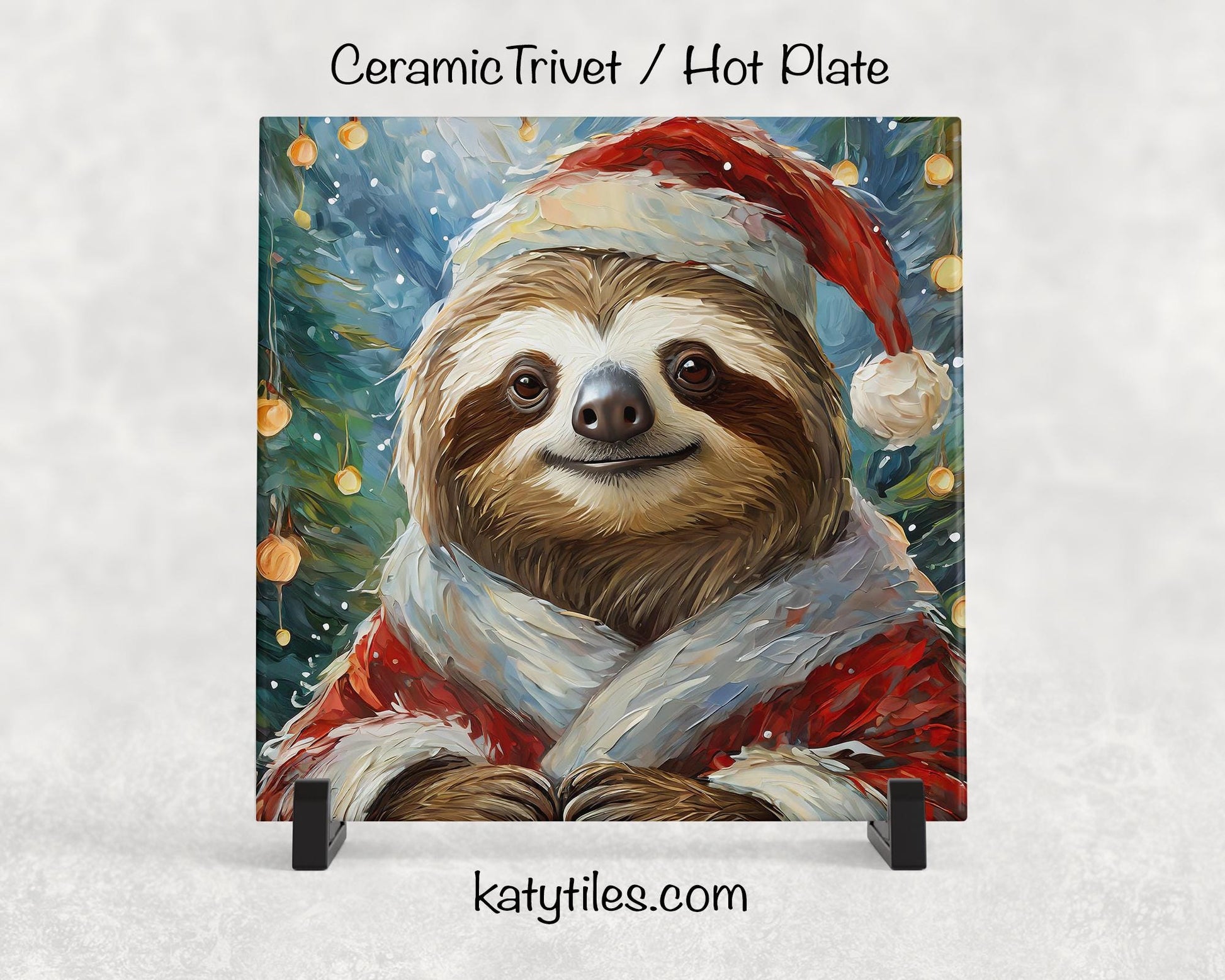 Santa Sloth Ceramic Tile Trivet/Coaster – 6x6 Handmade Christmas Kitchen Decor, Cute Holiday Animal Gift, Made in USA