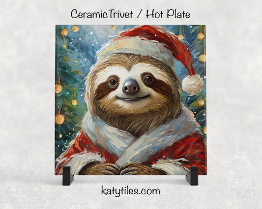 Santa Sloth Ceramic Tile Trivet/Coaster – 6x6 Handmade Christmas Kitchen Decor, Cute Holiday Animal Gift, Made in USA