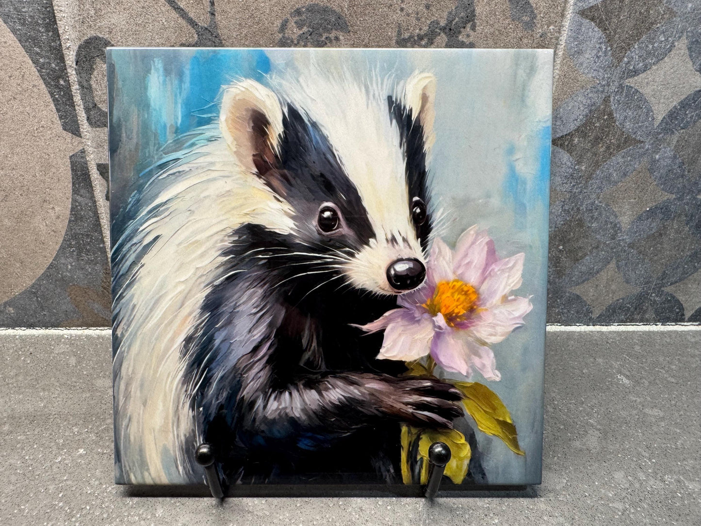 Skunk with Flower Ceramic Tile Trivet/Coaster – 6x6 Handmade Woodland Kitchen Decor, Cute Animal Gift, Made in USA