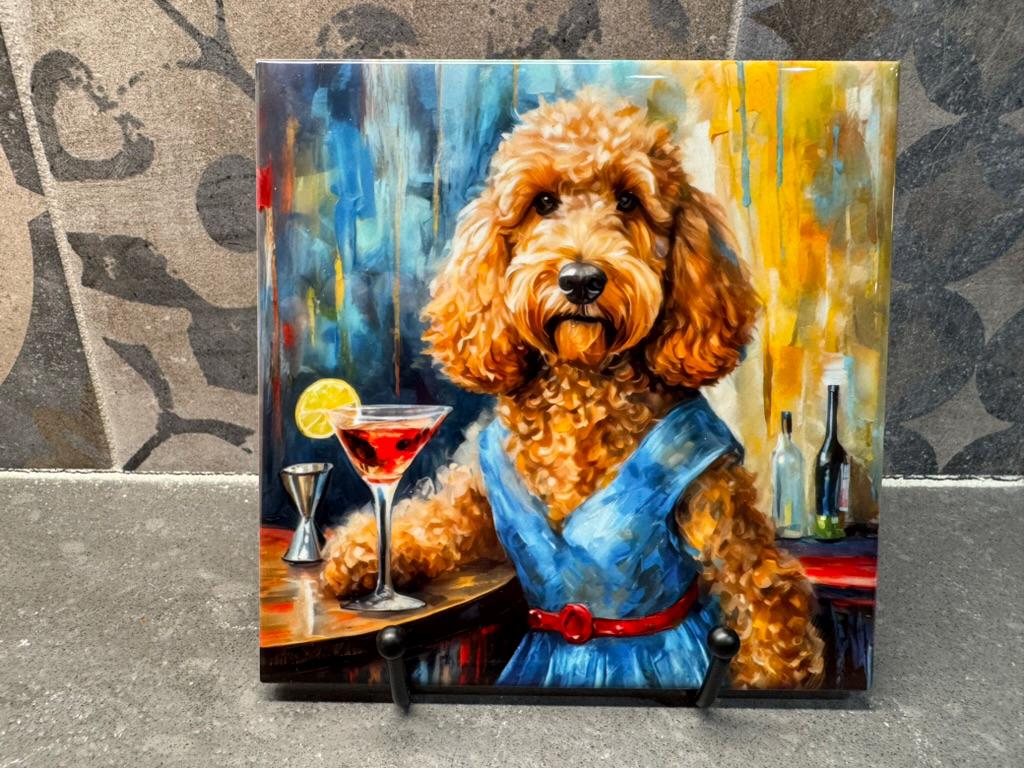Goldendoodle in Blue Dress Drinking Martini Ceramic Tile Trivet/Coaster – 6x6 Handmade Funny Dog Decor, Made in USA
