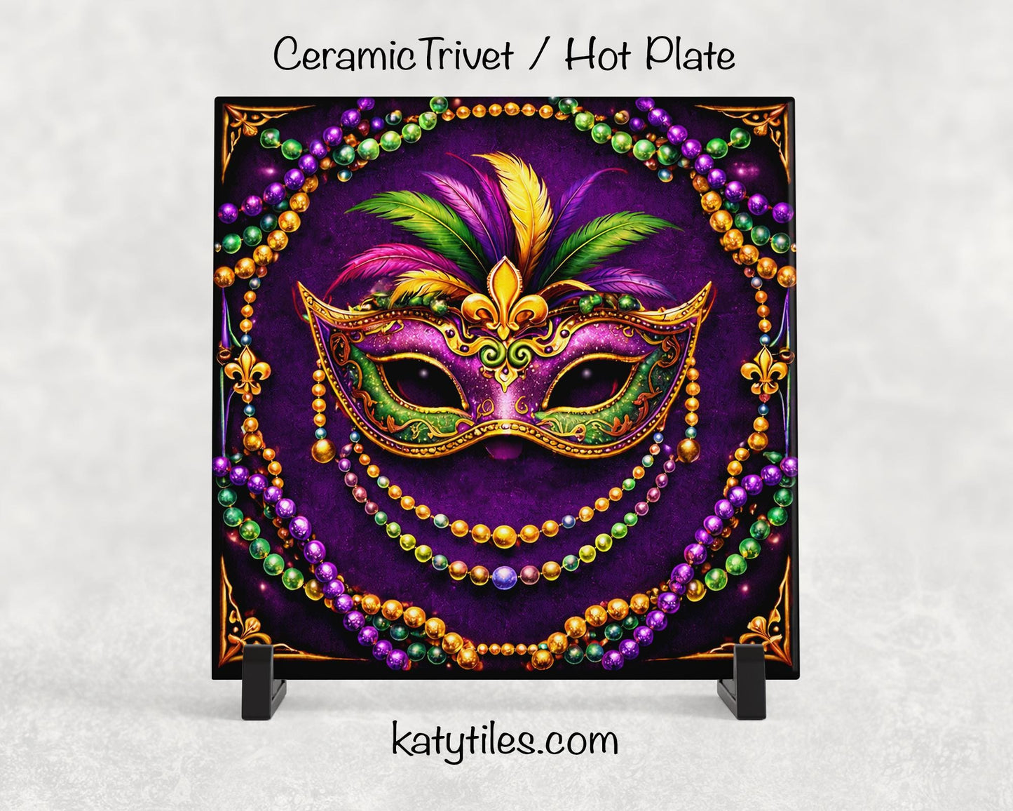 Mardi Gras Ceramic Tile Trivet/Coaster – 6x6 Handmade Mardi Gras Kitchen Decor, Made in USA