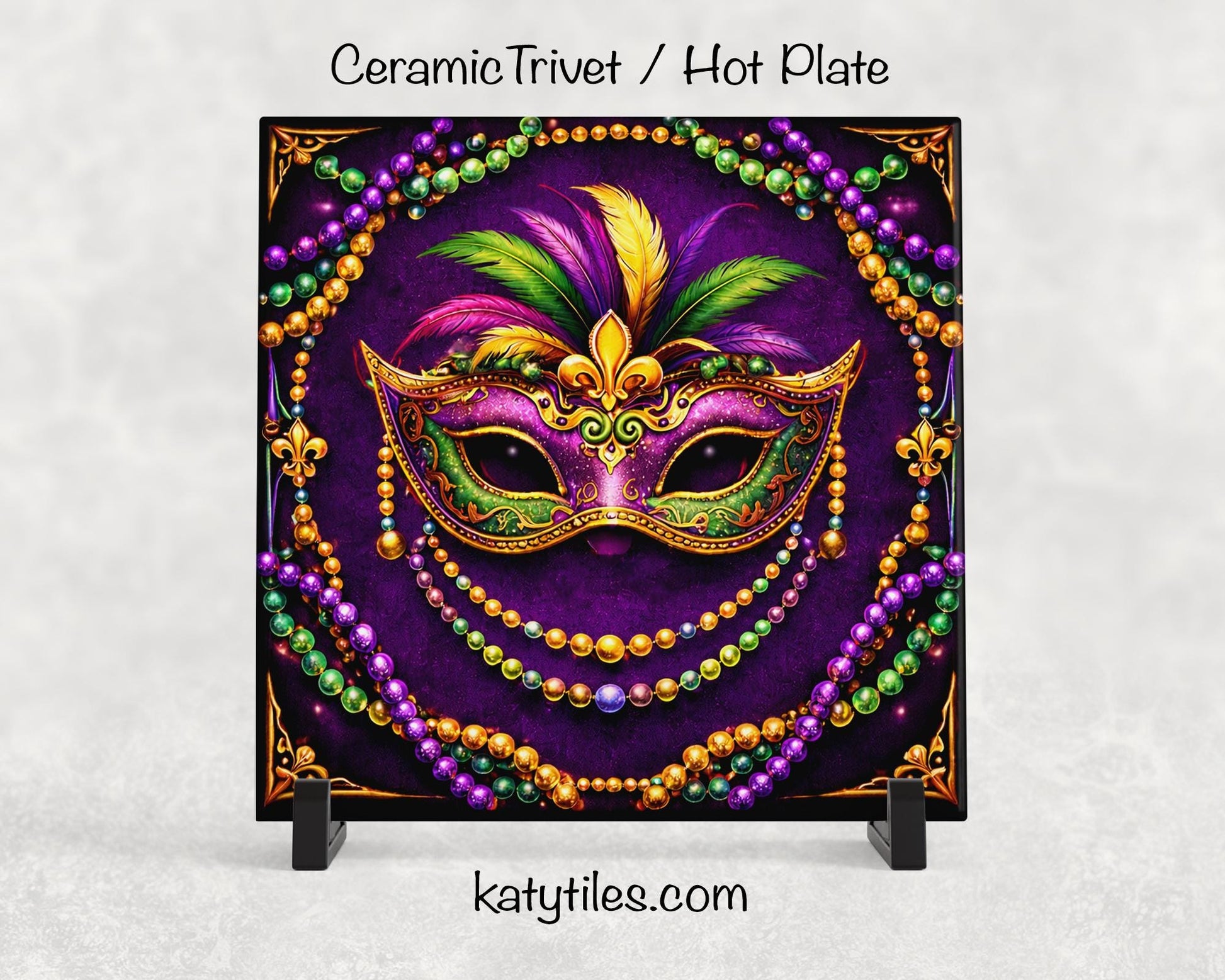 Mardi Gras Ceramic Tile Trivet/Coaster – 6x6 Handmade Mardi Gras Kitchen Decor, Made in USA