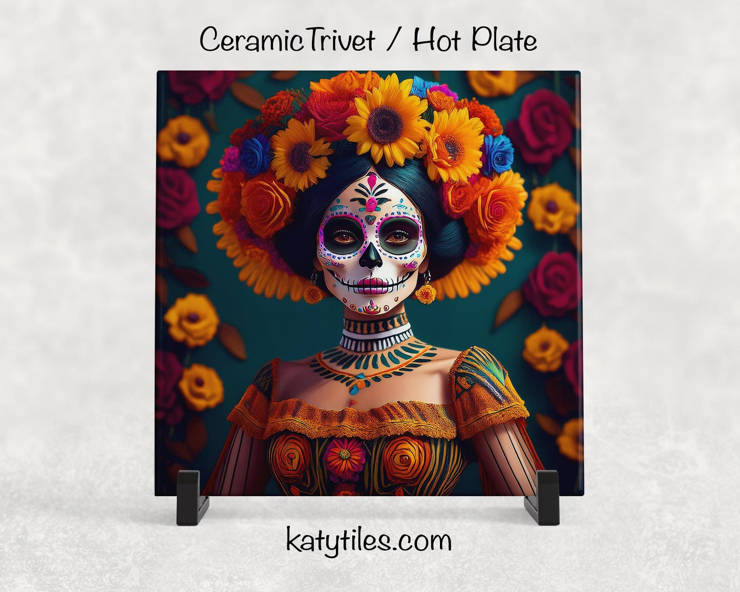 2 Designs! Day of the Dead La Catrina Ceramic Tile Trivet/Coaster – 6x6 Handmade Día de los Muertos Kitchen Decor, Made in USA