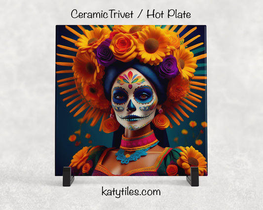 2 Designs! Day of the Dead La Catrina Ceramic Tile Trivet/Coaster – 6x6 Handmade Día de los Muertos Kitchen Decor, Made in USA