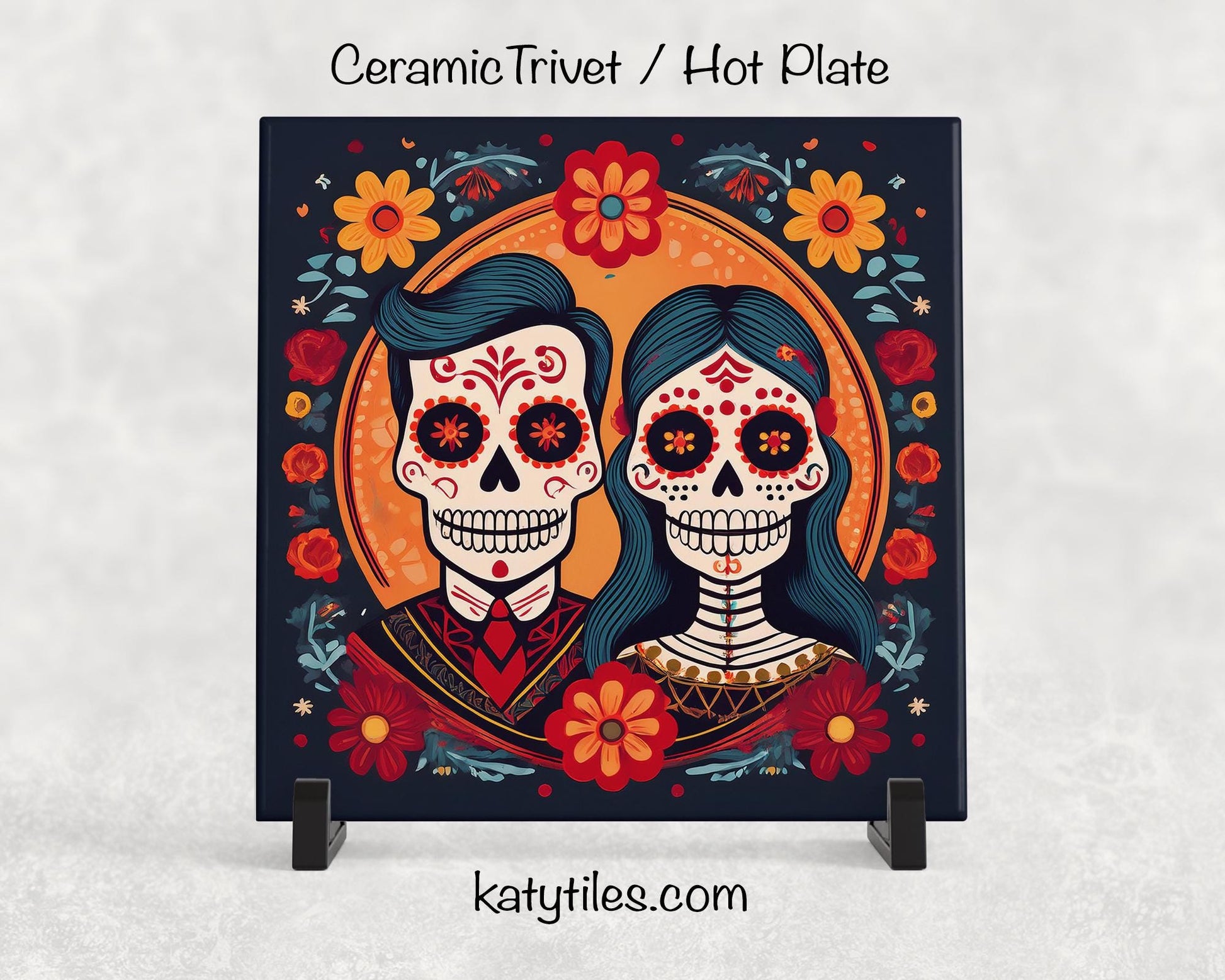 Day of the Dead Sugar Skull Couple Trivet for Hot Dishes, Hot Plate Coaster Tile Art, Pot Holder, Día de Muertos Decor