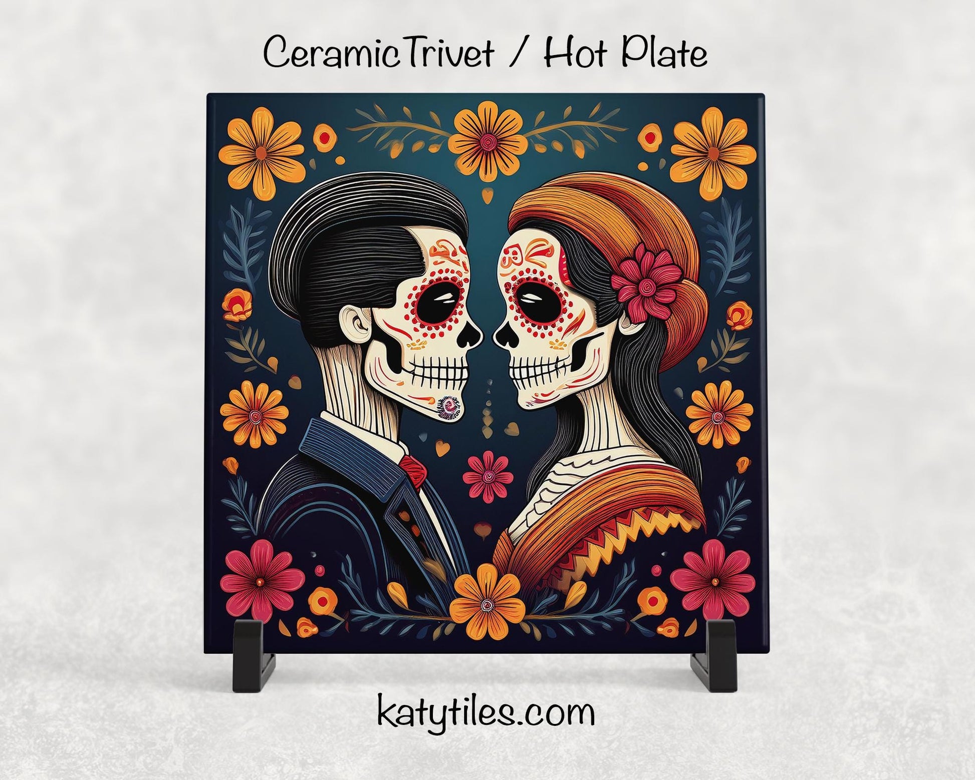 Day of the Dead Sugar Skull Couple Trivet for Hot Dishes, Hot Plate Coaster Tile Art, Pot Holder, Día de Muertos Decor