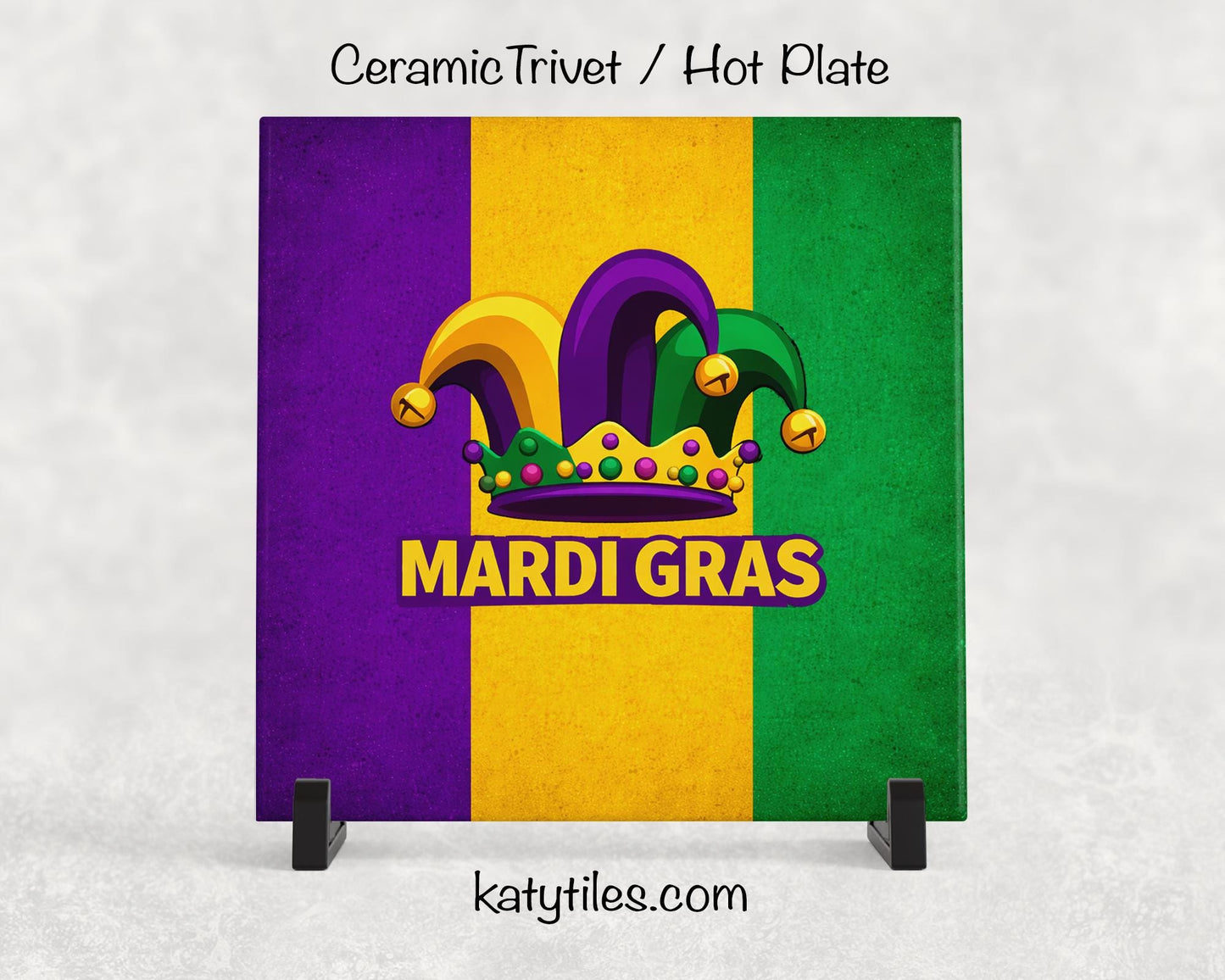 Mardi Gras Ceramic Tile Trivet/Coaster – 6x6 Handmade Mardi Gras Kitchen Decor, Made in USA