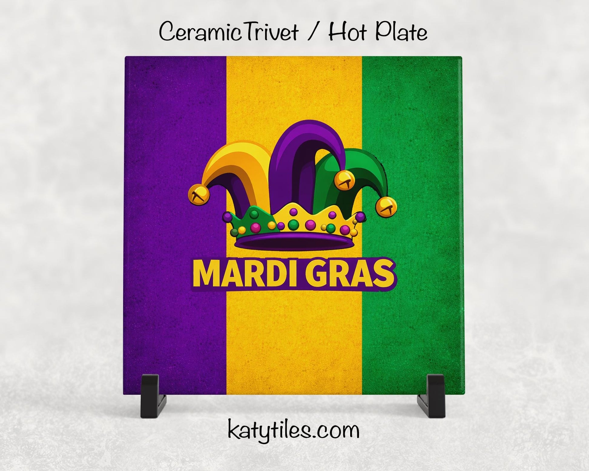 Mardi Gras Ceramic Tile Trivet/Coaster – 6x6 Handmade Mardi Gras Kitchen Decor, Made in USA
