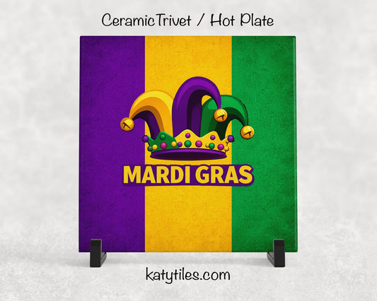 Mardi Gras Ceramic Tile Trivet/Coaster – 6x6 Handmade Mardi Gras Kitchen Decor, Made in USA