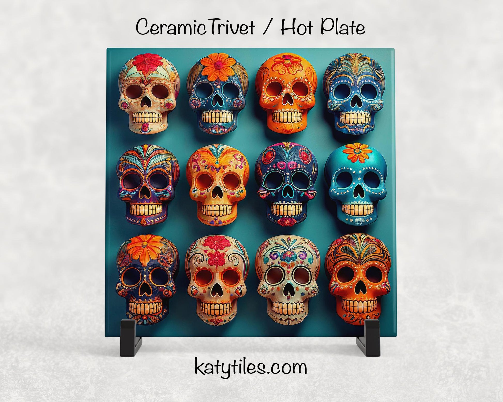 Day of the Dead Sugar Skull Trivet for Hot Dishes, Hot Plate Coaster Tile Art, Custom Pot Holder, Día de Muertos Decor