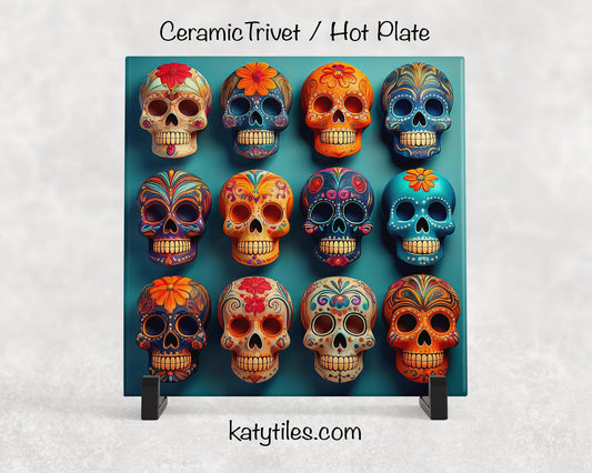 Day of the Dead Sugar Skull Trivet for Hot Dishes, Hot Plate Coaster Tile Art, Custom Pot Holder, Día de Muertos Decor