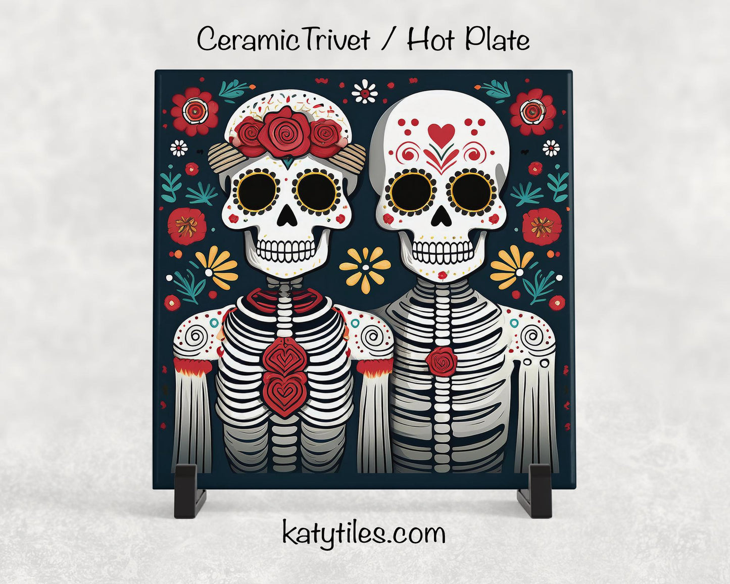 Day of the Dead Sugar Skull Couple Trivet for Hot Dishes, Hot Plate Coaster Tile Art, Pot Holder, Día de Muertos Decor