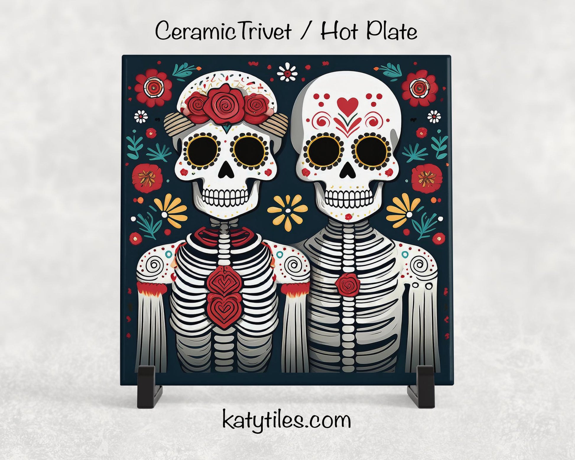 Day of the Dead Sugar Skull Couple Trivet for Hot Dishes, Hot Plate Coaster Tile Art, Pot Holder, Día de Muertos Decor