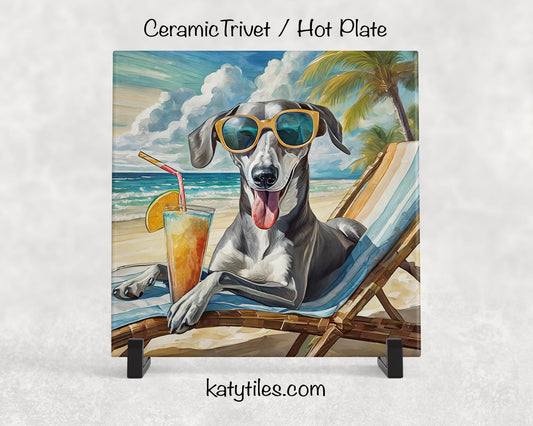 Greyhound on the Beach Drinking a Cocktail Ceramic Tile Trivet for hot dishes – 6x6 Handmade Dog Lover Decor Coaster, Made in USA