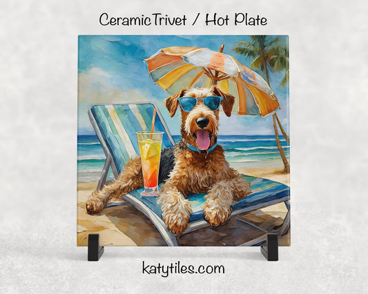 Airedale on the Beach Drinking a Cocktail Ceramic Tile Trivet for hot dishes – 6x6 Handmade Dog Lover Decor Coaster, Made in USA