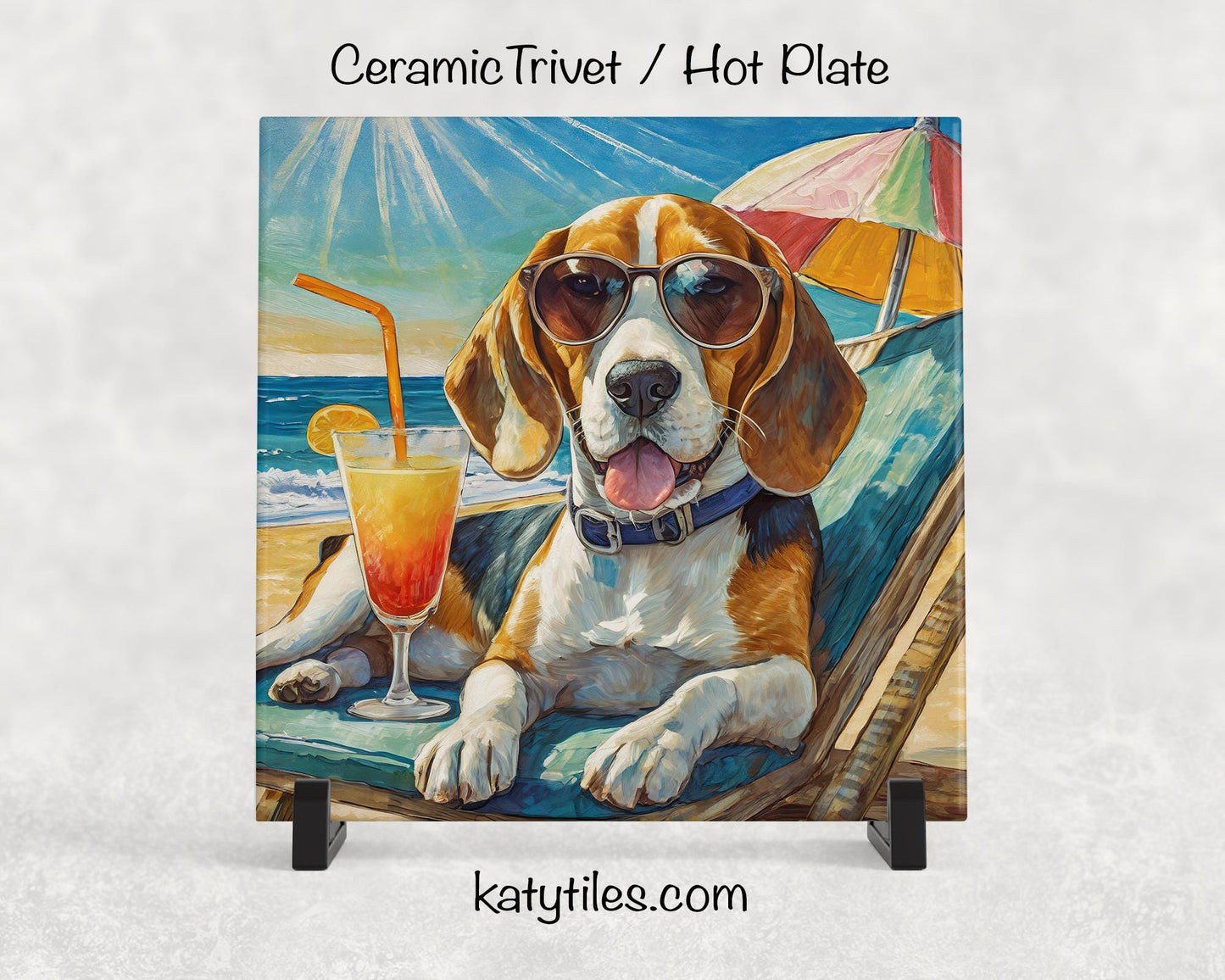 Beagle on the Beach Drinking a Cocktail Ceramic Tile Trivet for hot dishes – 6x6 Handmade Dog Lover Decor Coaster, Made in USA