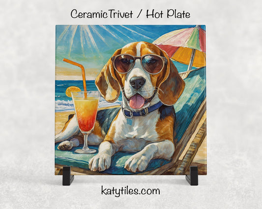 Beagle on the Beach Drinking a Cocktail Ceramic Tile Trivet for hot dishes – 6x6 Handmade Dog Lover Decor Coaster, Made in USA