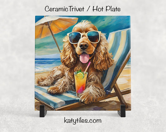 Cocker Spaniel on the Beach Drinking a Cocktail Ceramic Tile Trivet for hot dishes – 6x6 Handmade Dog Lover Decor Coaster, Made in USA