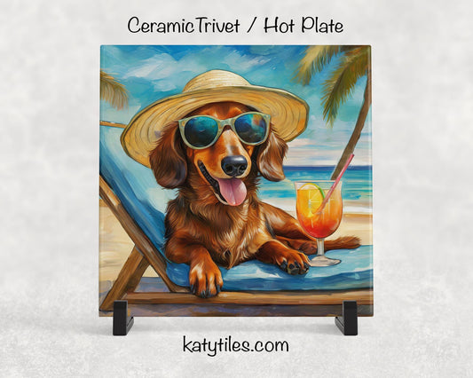 Dachshund on the Beach Drinking a Cocktail Ceramic Tile Trivet for hot dishes – 6x6 Handmade Dog Lover Decor Coaster, Made in USA
