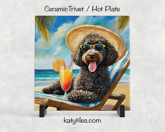 Black Doodle on the Beach Drinking a Cocktail Ceramic Tile Trivet for hot dishes – 6x6 Handmade Dog Lover Decor Coaster, Made in USA