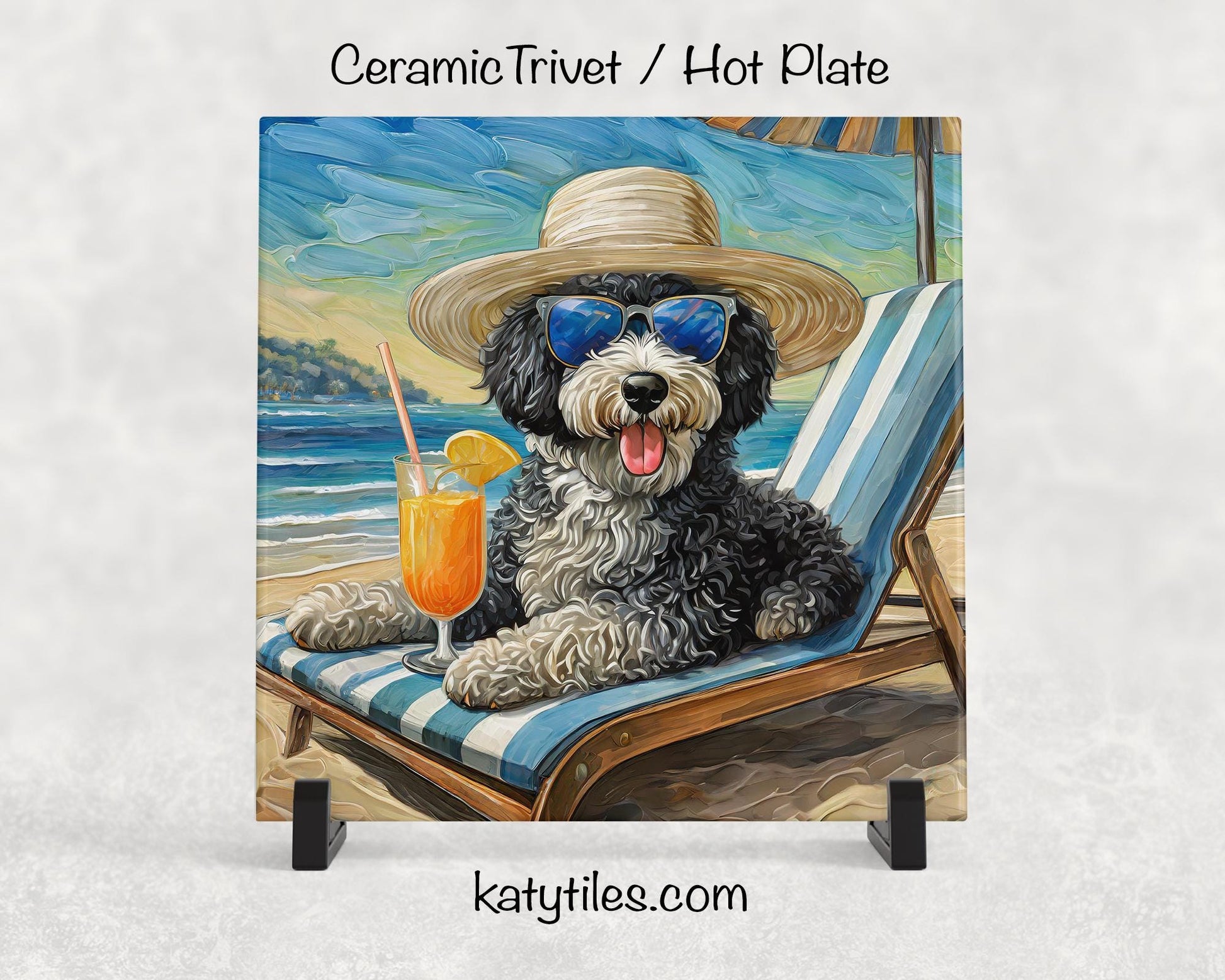 Sheepadoodle on the Beach Drinking a Cocktail Ceramic Tile Trivet for hot dishes – 6x6 Handmade Dog Lover Decor Coaster, Made in USA
