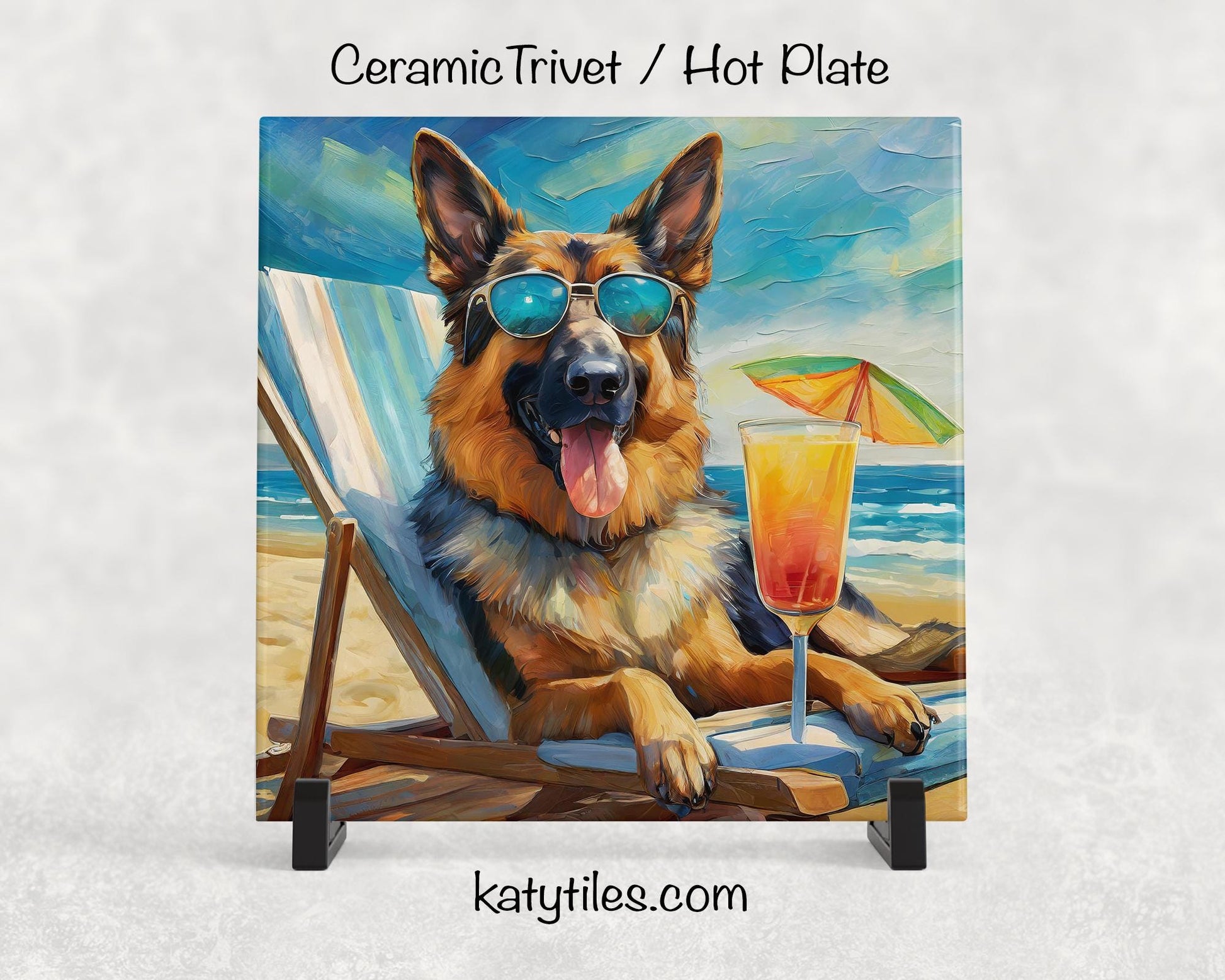 German Shepherd on the Beach Drinking a Cocktail Ceramic Tile Trivet for hot dishes – 6x6 Handmade Dog Lover Decor Coaster, Made in USA
