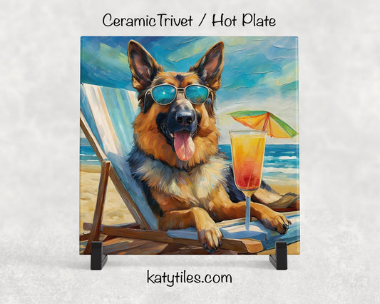 German Shepherd on the Beach Drinking a Cocktail Ceramic Tile Trivet for hot dishes – 6x6 Handmade Dog Lover Decor Coaster, Made in USA